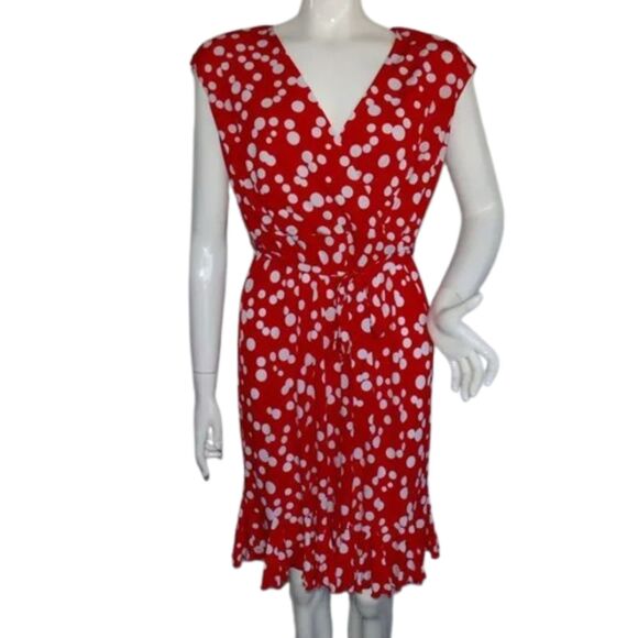 GLAMOUR Dress, 8, Red, White Ditzy Polka dots, Sleeveless, Sash belt, VINTAGE - Picture 1 of 13